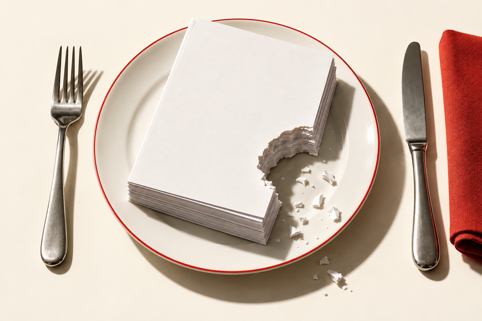 A consulting report with a bite removed, served on a porcelain plate.